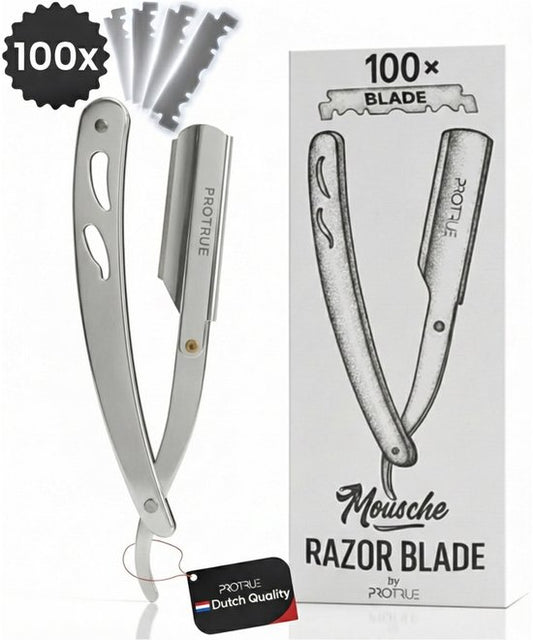 ProTrue Barbiersmes met 100 Scheermesjes - Shavette Open Scheermes - Klassiek Kappersmes - Safety razor - Straight Razor