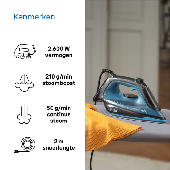 Braun TexStyle 5 SI5256BL - Stoomstrijkijzer - Glijdt Moeiteloos Achteruit - Zelfreinigend - Blauw