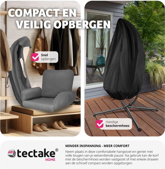 tectake® Hangstoel met frame - Schommelstoel met kussen + rugkussen - Meubels voor woonkamer of slaapkamer - Balkonmeubilair - Binnen of buiten - Tot 160kg - Antraciet