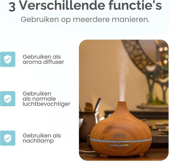 Gologi Slimme Aroma Diffuser - 550ML - Luchtbevochtiger - Geurverspreider - LED verlichting - Incl. 2 Etherische Oliën - Lichtbruin