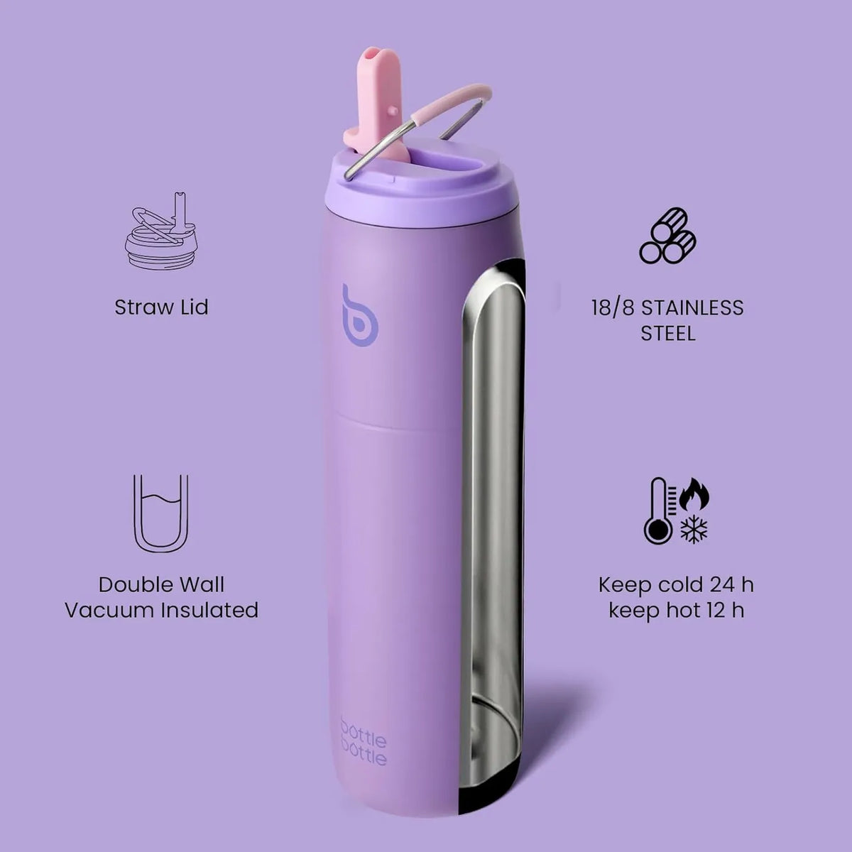 Bottle Bottle Thermosfles met Rietjesdop - Paars - 946 ml - 9,1 x 29 cm
