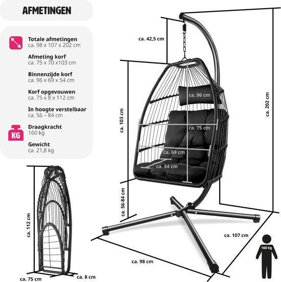 tectake® - Hangstoel Ariane met standaard en kussens 160kg – zwart - 404981