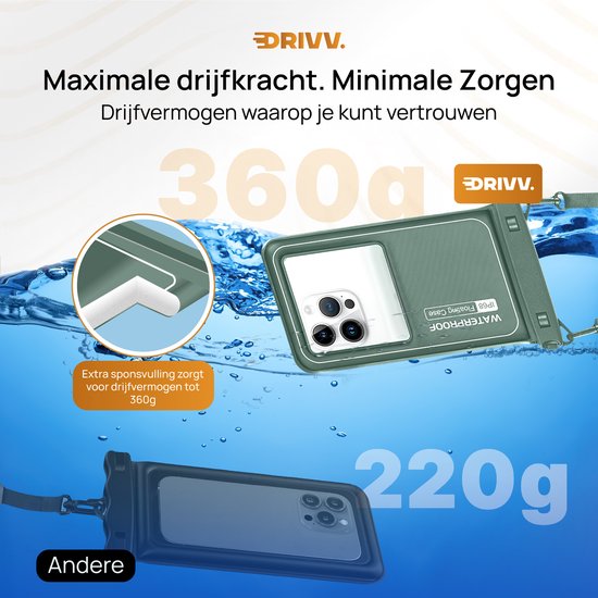 Drivv. Luxe Waterdicht Telefoonhoesje – Drijvend - Dubbele Klipsluiting - Telefoons tot 6.8 inch – Onderwater Hoesje Telefoon - Legergroen