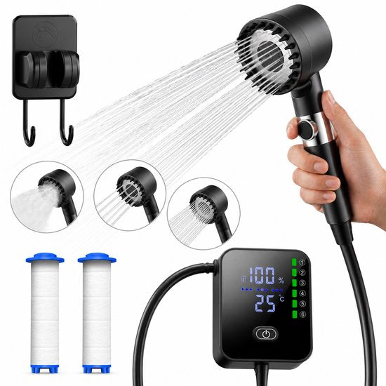 Oplaadbare Campingdouche met 2 waterfilters - 24x douchebeurten - 3 Standen (Mist, Normaal, Vol) - Buitendouche voor kamperen, honden, auto, fiets en camper - FLOAT Oasis