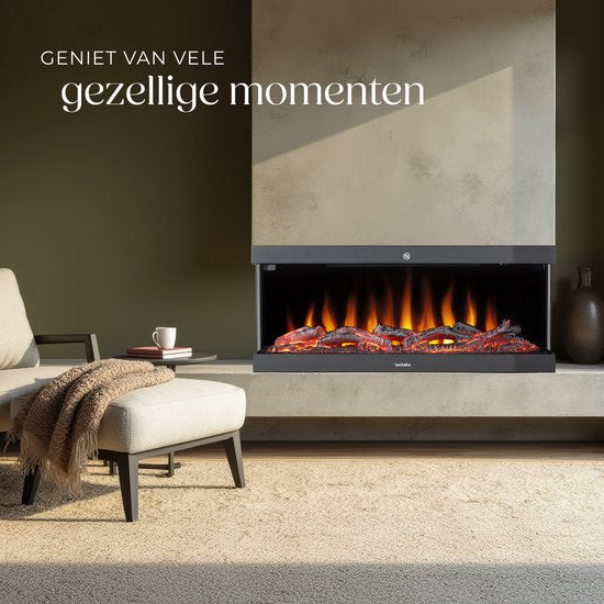tectake® Wandhaard - Elektrische Haard - Sfeerhaard - 900W & 1800W - Bediening met Afstandsbediening of App - met Thermostaat - Kachel - met Verwarming - Haarden - met Hout en Gloeieffecten - 3D Vlammen - Timer - 9 Kleuropties