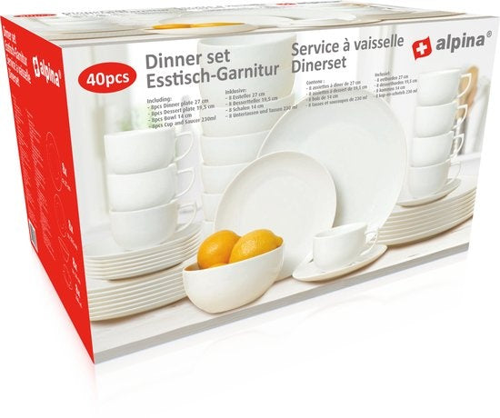 alpina Tafelservies - 40 Delig - Vaatwasser- en Magnetronbestendig - Aardwerk - Wit