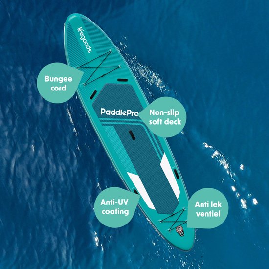 LifeGoods SUP Board Tandem - 2 Personen - 220 KG Draagkracht - 381 x 86 cm - Opblaasbaar - Compleet Sup pakket - Deep Aqua