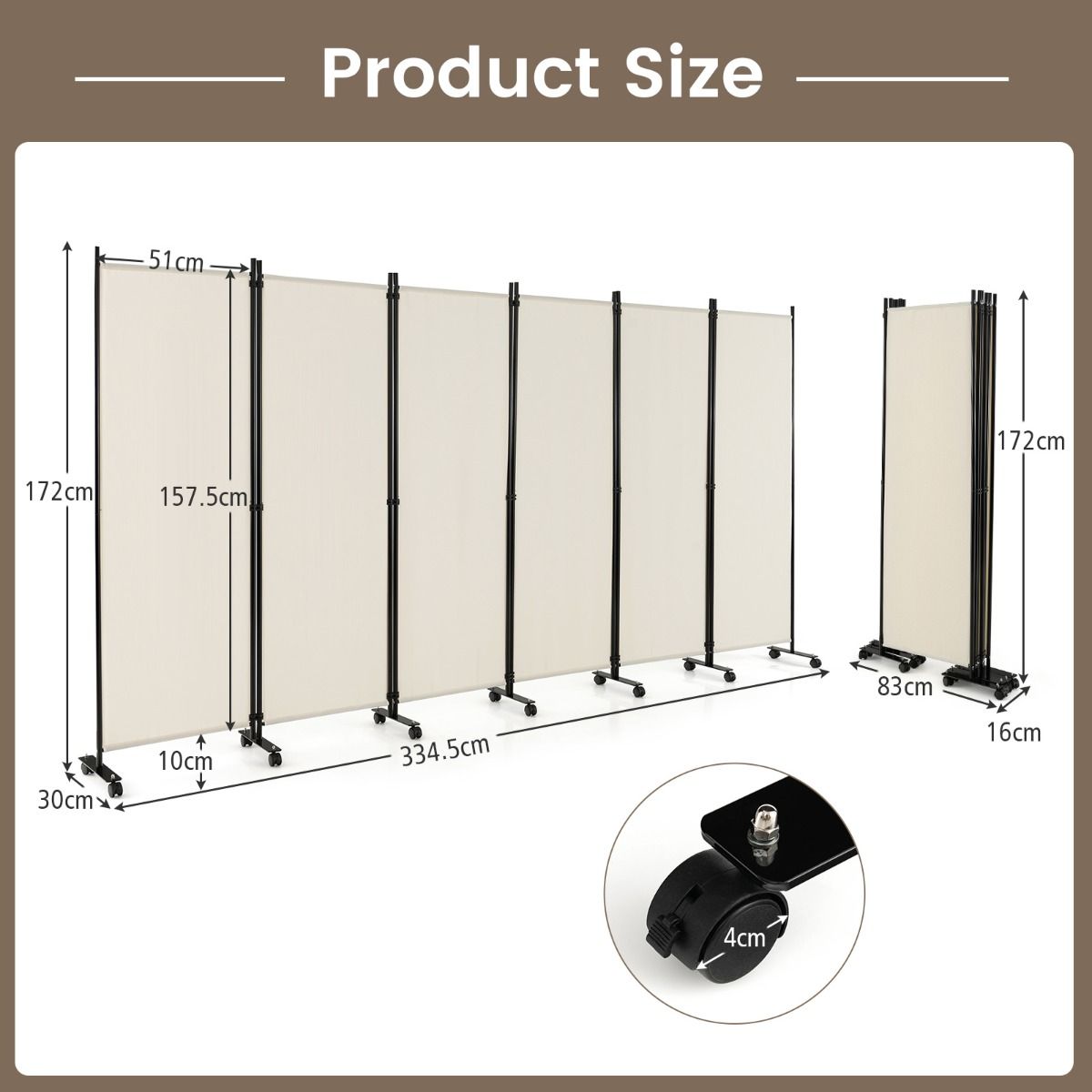 Coast Opvouwbare Kamerscherm 6-Panelen met Vergrendelbare Wielen - Wit - 334,5 x 172 cm