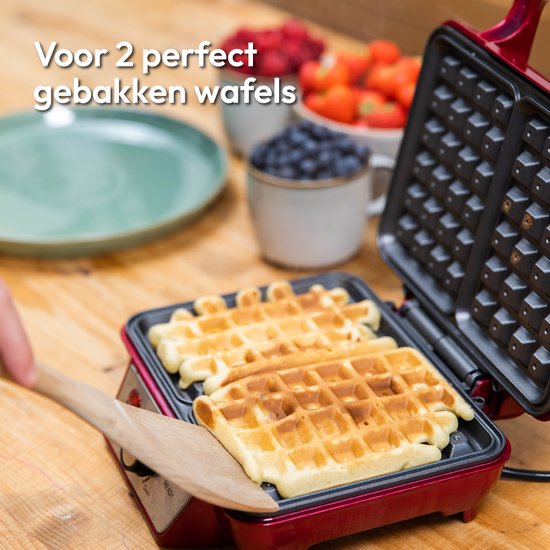 Gadgy Retro Wafelijzer - Anti-Aanbaklaag - 1000 Watt - Regelbare Thermostaat - Rood - 25.6x23.7x9.6 cm