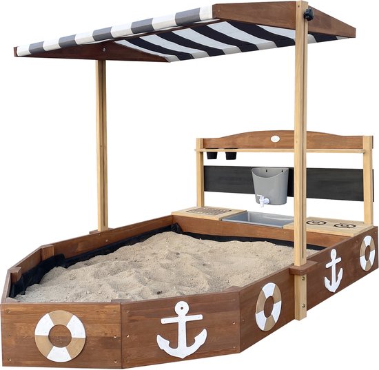 AXI Dora Boot zandbak met speelkeuken en dak (UV50) 160 x 100 cm Antraciet/bruin – Met krijtbord en opbergruimte - Inclusief gronddoek - 10 jaar garantie!