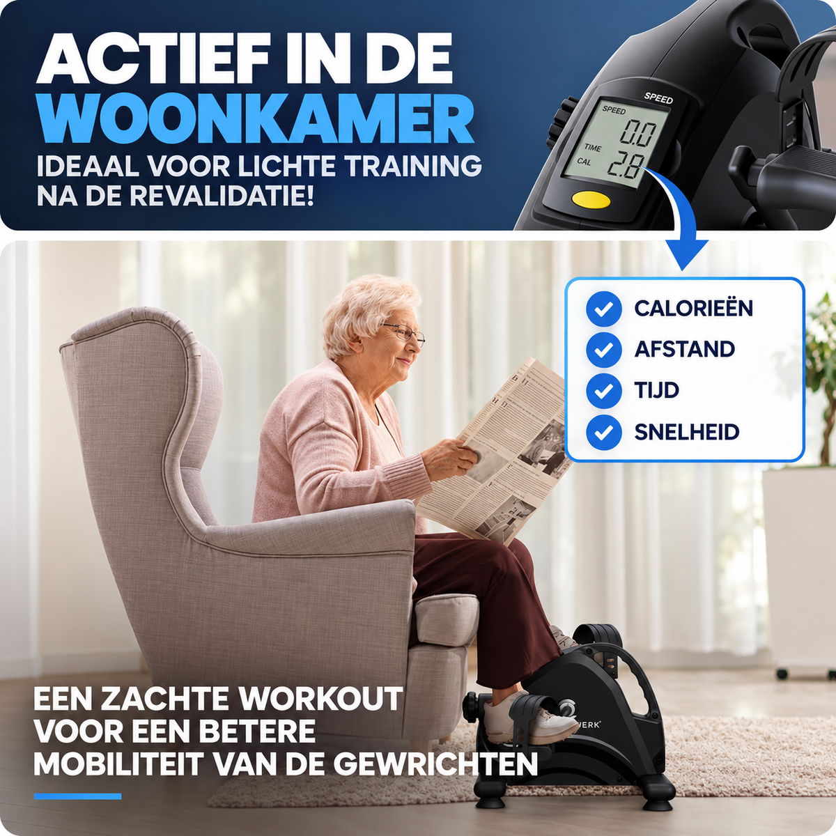 Heldenwerk Stoelfiets - Pedaaltrainer - Compact  - 44x40x30cm - Zwart - Incl. Antislip mat & Calorie teller