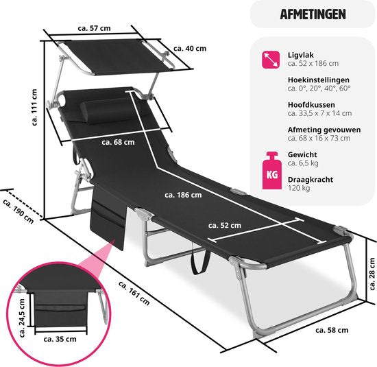 tectake® - ligbed Zonnestoel ligstoel - 4 standen, inklapbaar – zwart - 68 x 190 x 28 cm, met zijvak