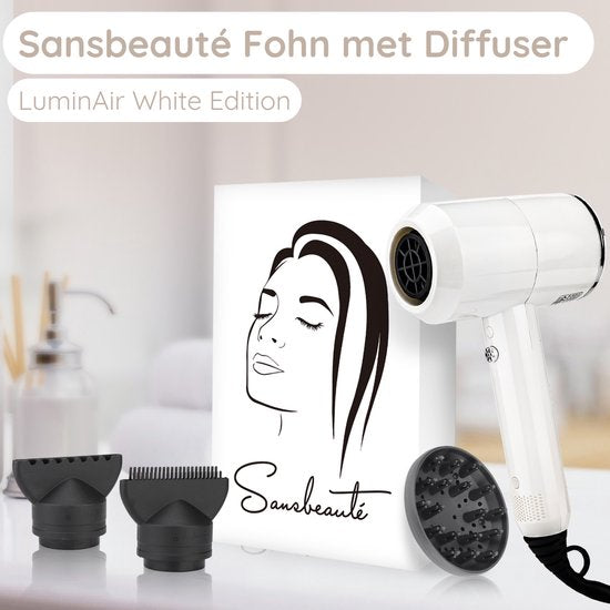 Sansbeauté® Föhn met Diffuser – Ionische Haardroger – Borstel - Reisföhn - 3 Opzetstukken - Krullen – Coolshot – 3 Standen – Haarföhn met Diffuser – Hair Dryer - 2000W - Wit