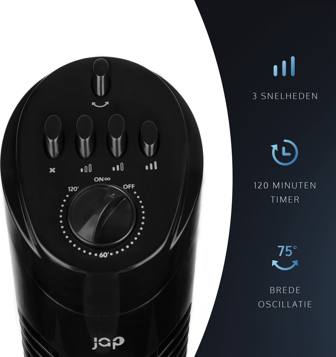 JAP Appliances Torenventilator - met Timer - 3 Snelheden - 50W - Zwart
