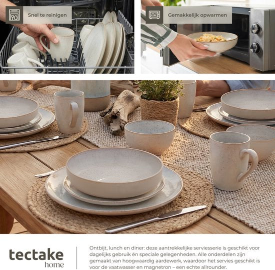 tectake® Serviesset Mare - 30-delig - Aardewerk met Glanzend Glazuur - 6 Persoons - Handgemaakt Servies - Moderne Bordenset met Grote en Kleine Borden, Kommen, Schaaltjes en Kopjes - Vaatwasser- en Magnetronbestendig - Zandkleur