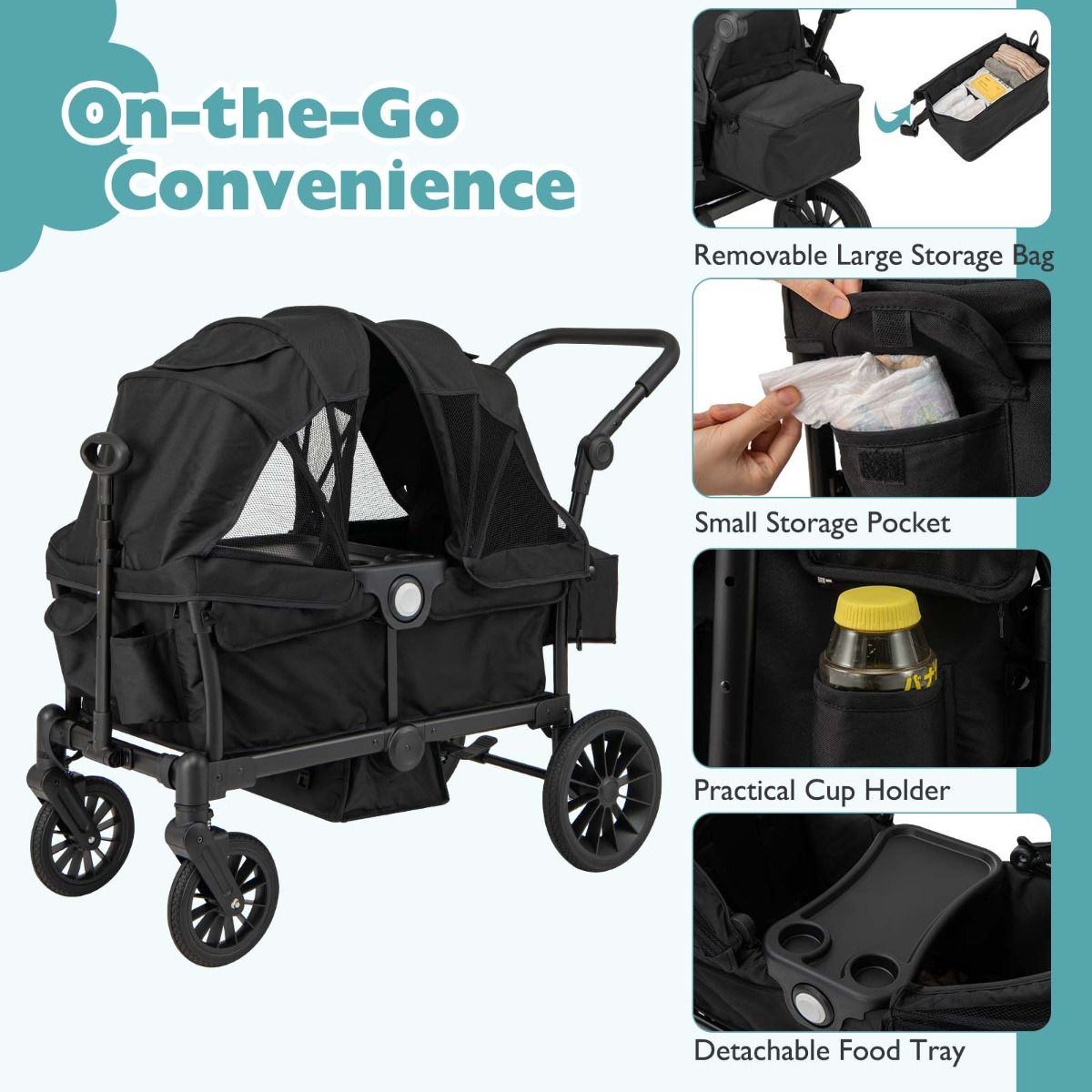 Coast 2-in-1 Opvouwbare Tweelingwagen Zwart – 104 x 57 x 107 cm – Met Verstelbare Handgreep en Afneembare Kap