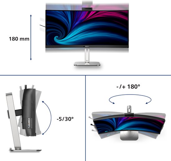 Philips 6000 serie 34B2U6603CH - Gebogen Ultrawide Monitor - Webcam - Thunderbolt 4 - USB-C 100w - Smart KVM - 34 inch