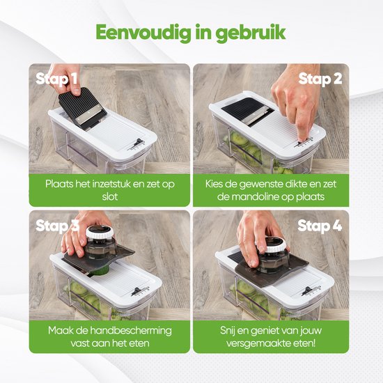 Stosh Mandoline - Groentesnijder - Uiensnijder - Spiraalsnijder - Rasp - 6-delig - Kunststof - BPA vrij - Zwart/Wit
