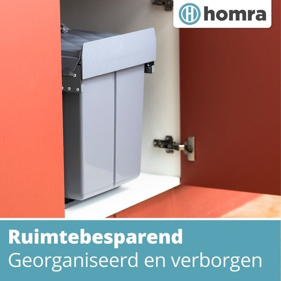 Homra Inbouwprullenbak – Uittrekbaar & Soft-Close – 2x20L – 34 x 48 x 41,5 cm – Grijs