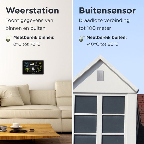 LONQ Weerstation Binnen en Buiten Q3 - Incl. Batterijen - Draadloos Weerstation met Buitensensor - Thermometer Hygrometer - Touchscreen Kleurendisplay - DCF Gestuurde Klok
