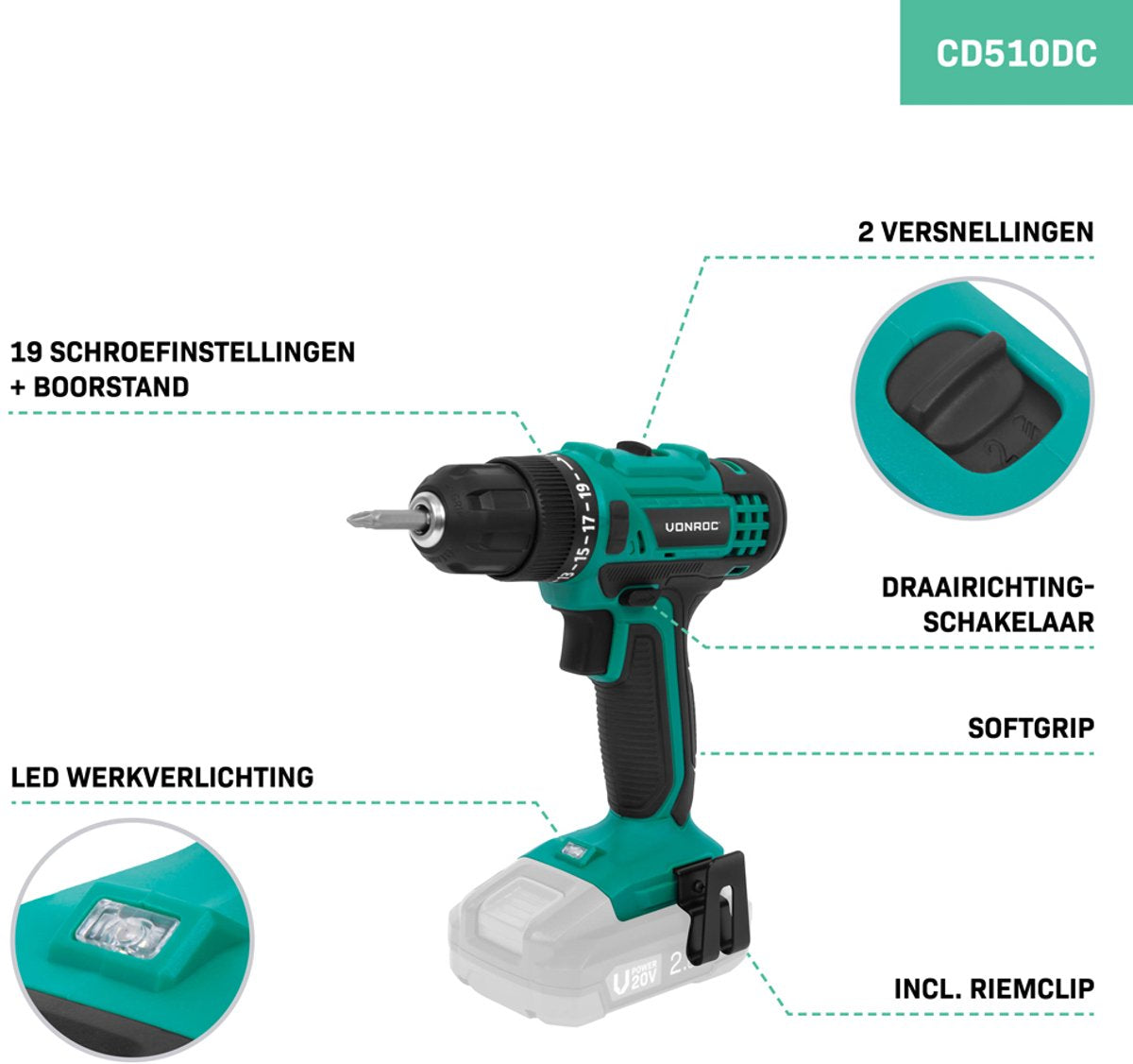 Vonroc Accuboormachine 20V - 19 Schroefstanden + Boorstand - Incl. 2 Bits - Excl. Accu & Snel-lader
