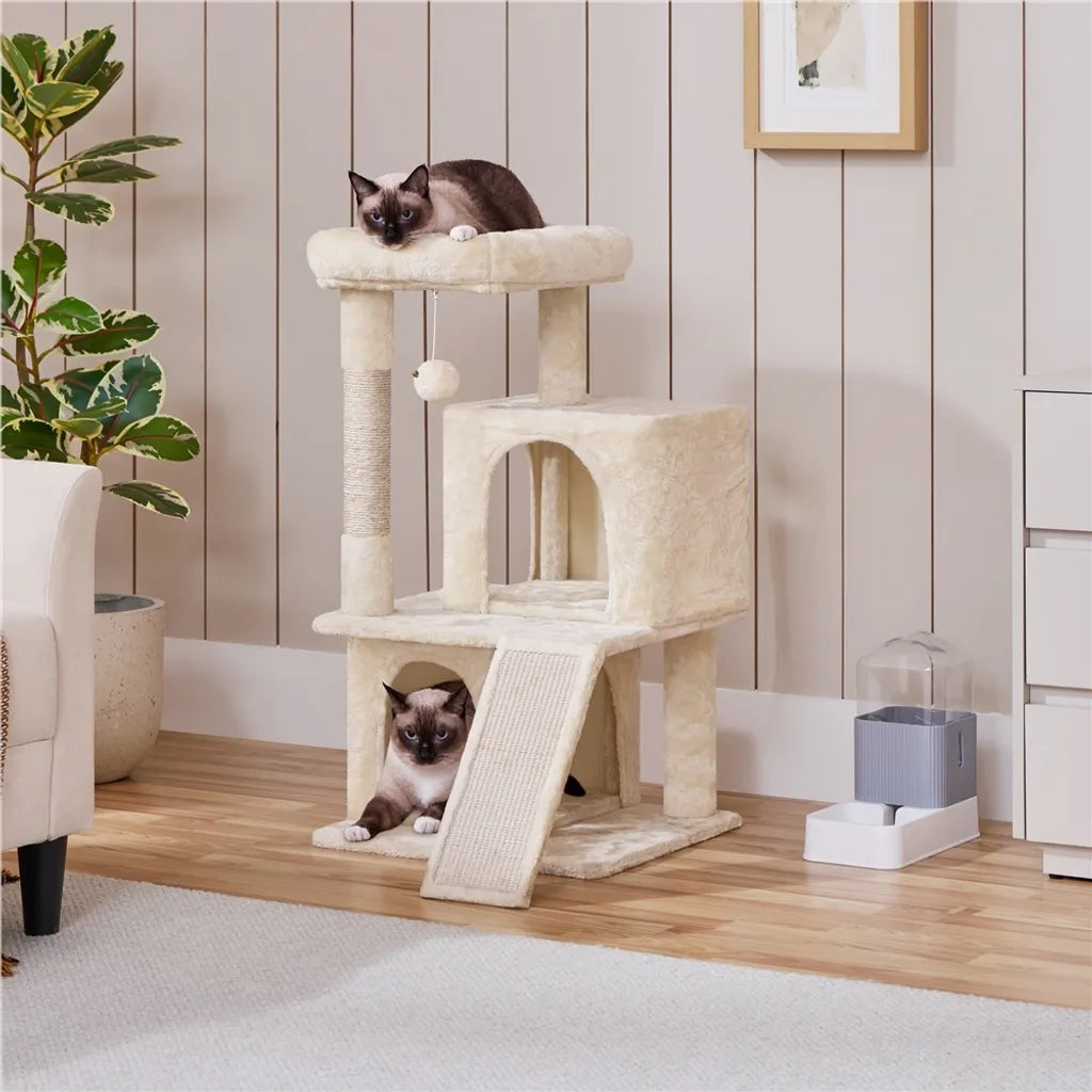 Yaheetech Krabpaal Beige – 91 cm Hoog – Met 2 Kattenhuisjes, Sisal Krabpalen en Speelbal