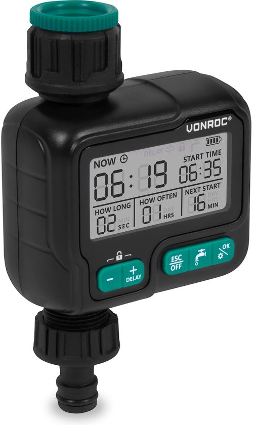 VONROC Watertimer - Besproeiingscomputer - digitaal - automatisch irrigatiesysteem – ruim instelbare interval en duur: 1uur tot 15 dagen/ 1sec tot 99min – IPX5 waterbestendig