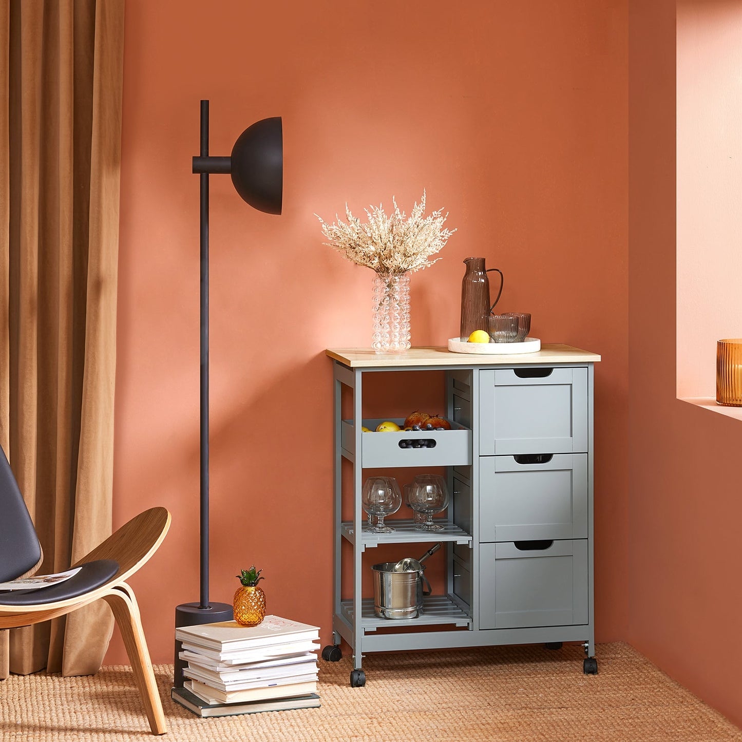 SoBuy - Keukentrolley met 3 Grote Laden - 68x85x38 cm - Grijs