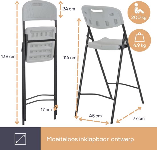 Perel Witte hoge klapstoel voor binnen en buiten, barkruk, met rugleuning en voetsteun, kunststof, ruimtebesparend, ideaal voor evenementen, feesten en catering, met stalen frame en weerbestendige zitting, 45 x 77 x 114 cm