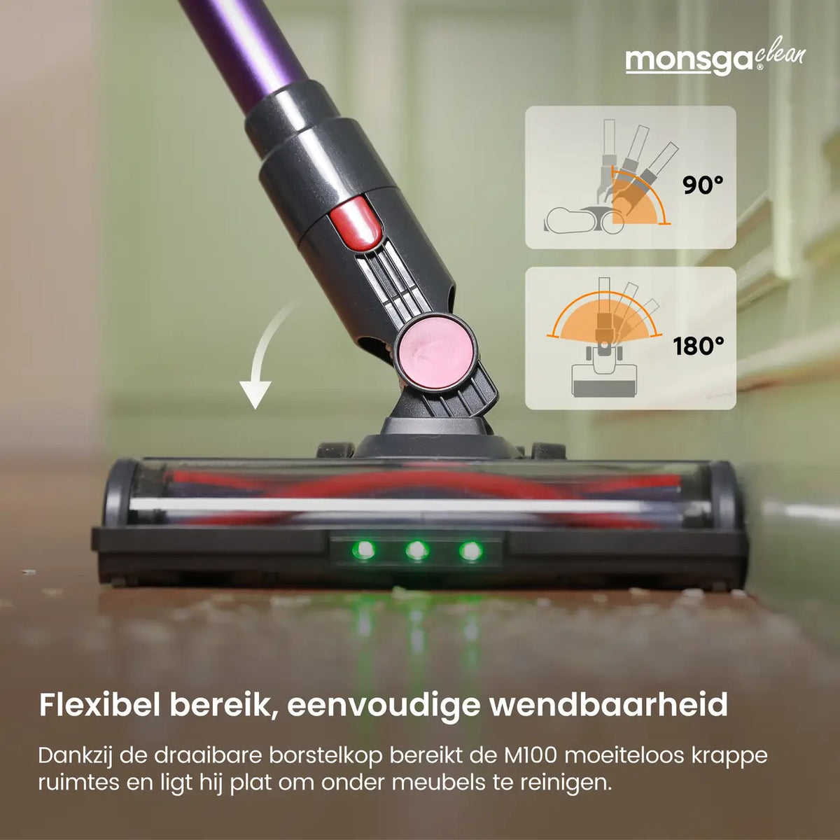 Monsga M100 Draadloze Steelstofzuiger 55.000 Pa - 45 Min Gebruiksduur - 1,8 L Stofreservoir - LED-touchdisplay - Anti-klit Borstel - Groen LED-licht