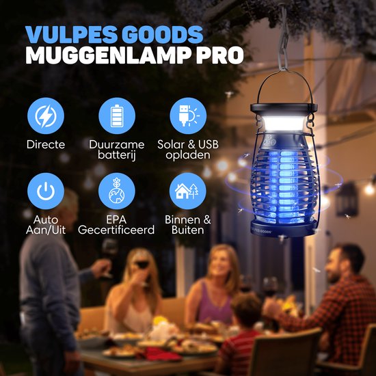 Vulpes Goods® Verjager Muggenlamp PRO – Elektrische Insectenlamp – UV & Nachtlamp – Zonne-energie – Waterdicht
