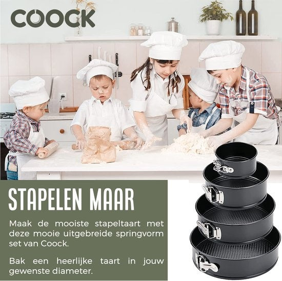 COOCK 4-delig Ronde Springvorm Set - Bakblik Rond - Taartvorm - Bakvorm met Anti Aanbaklaag - Maten 12 tot 28cm - Incl Deegschraper