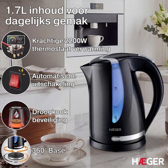 Haeger Blackness Waterkoker - 360° draaibaar - 1.7L - 2200W - Elektrisch - Cool Touch - Zwart