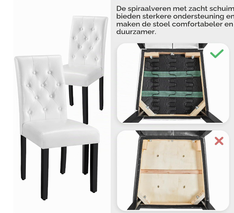 Yaheetech Eetkamerstoelen Set van 2 - Wit - 45,5 x 60,5 x 98 cm - Hoge Rugleuning, Kunstleer