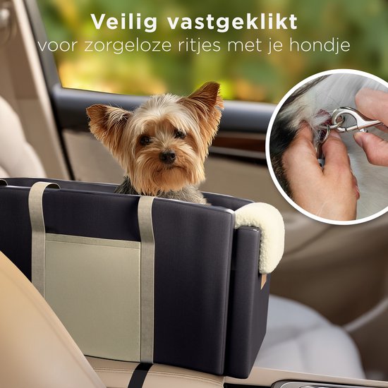 CozySense® Honden Autostoel - Hondenmand Auto met Wasbare Hoes - Voor Kleine Hond - Past in Middenconsole - Ook als Draagtas - Zwart/Beige