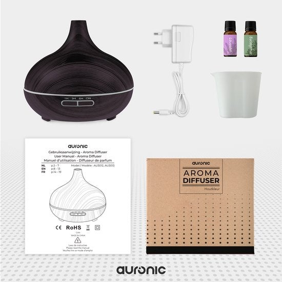 Auronic Aroma Diffuser - 300 ml - Luchtbevochtiger - 7 LED Kleuren - Incl. 2x Olie - Donkerbruin