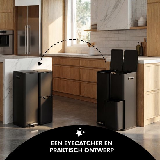 Bayt Prullenbak - Prullenbak 60 Liter - Vuilnisbak 60 Liter - Pedaalemmer 60 Liter - Prullenbak Afvalscheiding - Prullenbak 3 Vakken - Afvalbak - RVS - Zwart