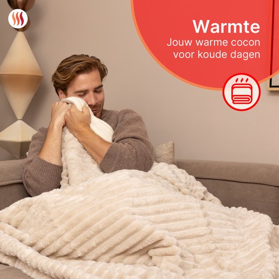 Seranova Elektrische Deken XXL - Extra Warmtedraden - Gestreept Model - 180x160 cm - 2 persoons Warmtedeken - Dubbelzijdig Fleece - Beige