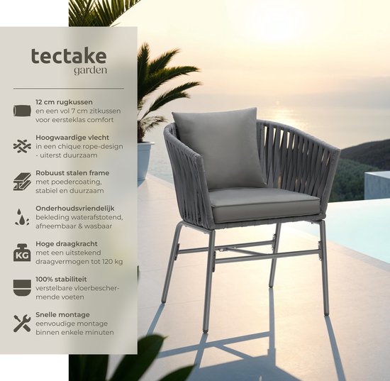 tectake® Tuinstoel, set van 2, metalen buitenstoel, terrasstoel met armleuningen, lounge chair, tuin fauteuil, tuin meubels, balkon meubels, tuinset lounge, waterafstotende kussens, verstelbare poten