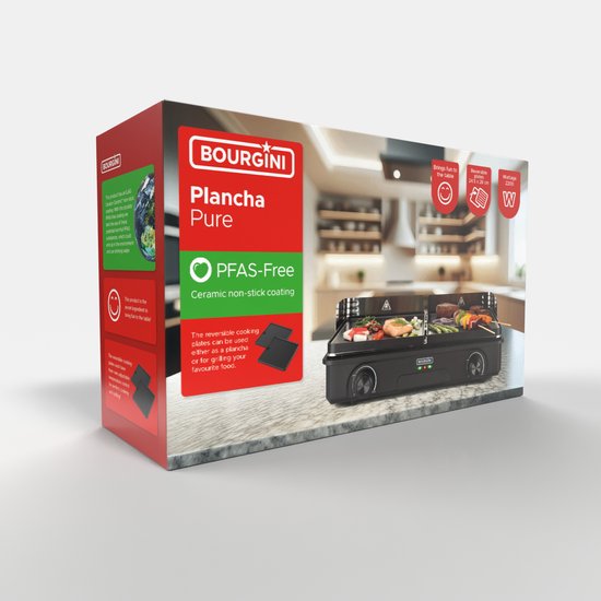 Bourgini Plancha Pure voor 8 personen – Keramische coating (PFAS-vrij) – Elektrisch – Gezond grillen - Bakplaat - Grillplaat - Keerbare bakplaat ribbel en vlak