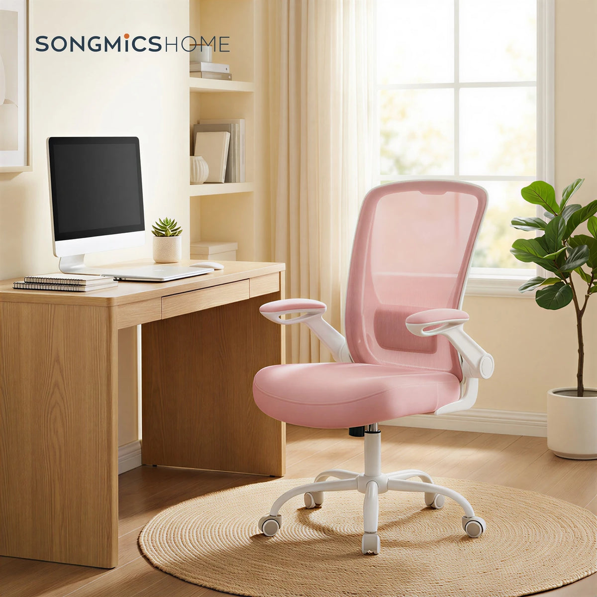 Joyfurnos Ergonomische Bureaustoel Roze - Verstelbare Lendensteun en Opklapbare Armleuningen - 60 x 64 x 103-110 cm
