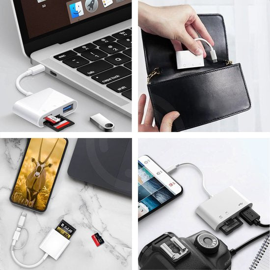 Skoov SD Kaart Lezer - Card Reader voor iPhone en USB-C - Micro SD en SD Kaartlezer - Lightning Adapter - Geheugenkaartlezer - SD en Micro SD Reader - USB naar USB C