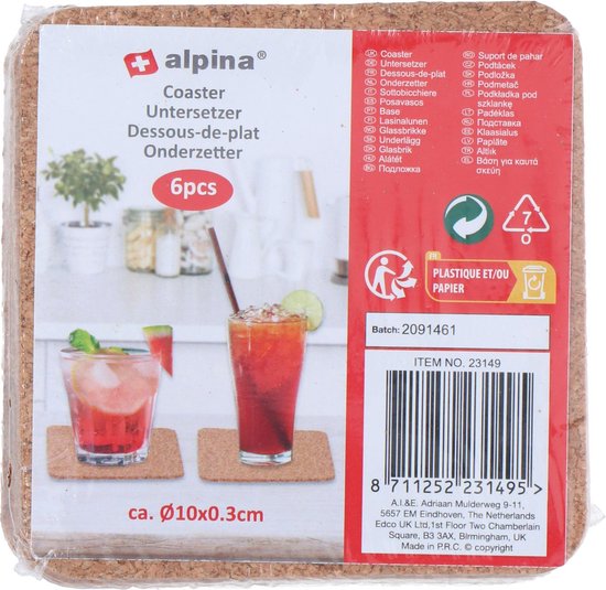 Alpina onderzetters kurk 6 st. Ø10cm