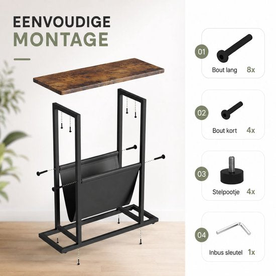 Ceruzo Bijzettafel met Tijdschriftenhouder – Smal – Zwart Bruin - H55 cm