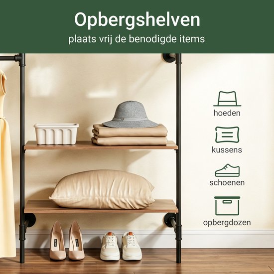 SoBuy wandgemonteerde kledingstang met 4 hangstangen en 4 MDF-planken, open kledingkast, draagvermogen 120 kg voor slaapkamer, 265x48x220 cm, industrieel zwart KLS19-SCH