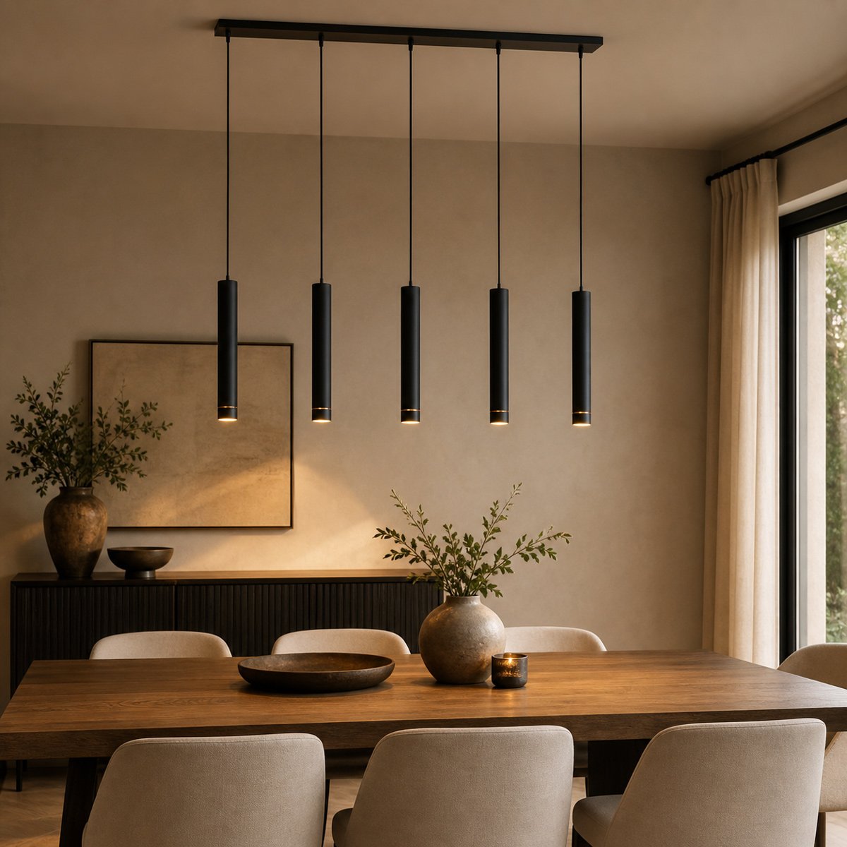 Mexlite Hanglamp DownLume – 5-Lichts – Zwart Metaal – Grote Eettafellamp – GU10 – Modern Design