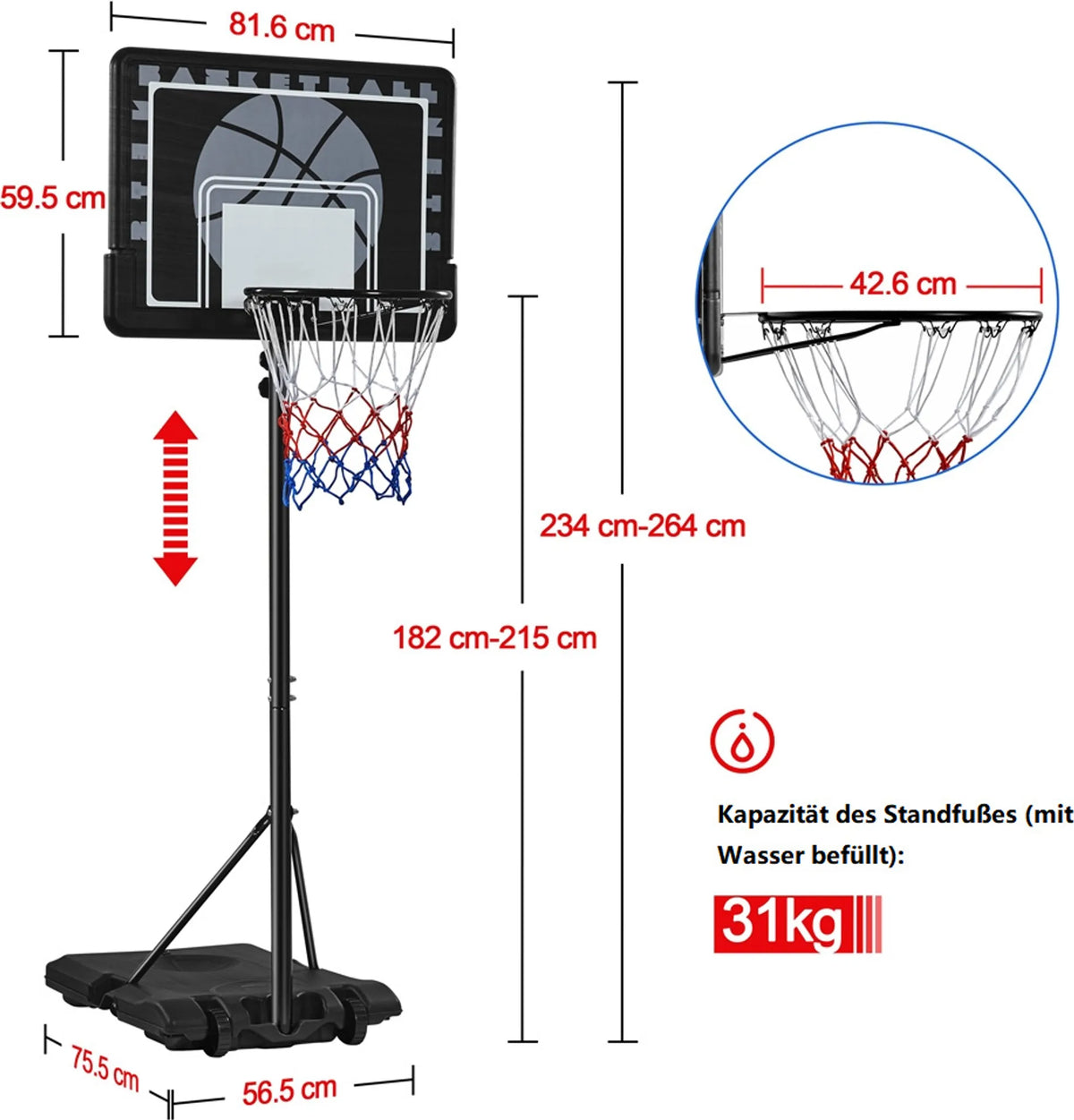 In Hoogte Verstelbare Basketbalstandaard met Wielen 182–215 cm Zwart