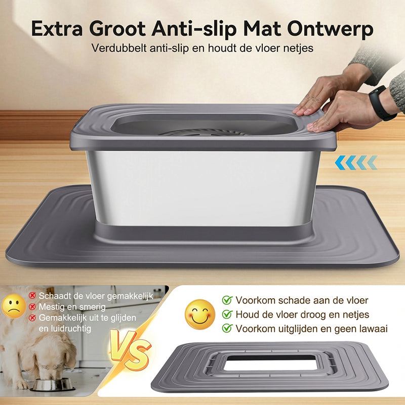 Blinkit 210-1 roestvrijstalen drijvende drinkbak / basis hondenbak, vierkant ontwerp met grote capaciteit, antispatwaterstructuur + grote antislipmat, geschikt voor honden en katten om te drinken, grijs