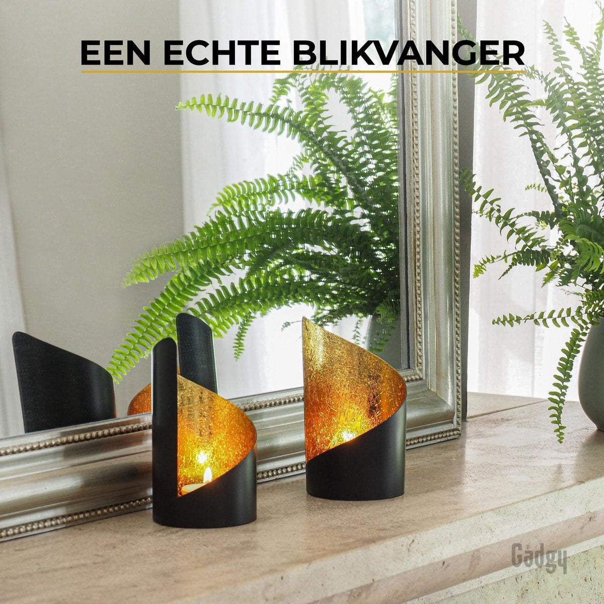 Gadgy Waxinelichthouder Twist - Set van 2 - 16 x Ø8.5 cm - Theelichthouders - Windlicht - Zwart / Goud - Metaal