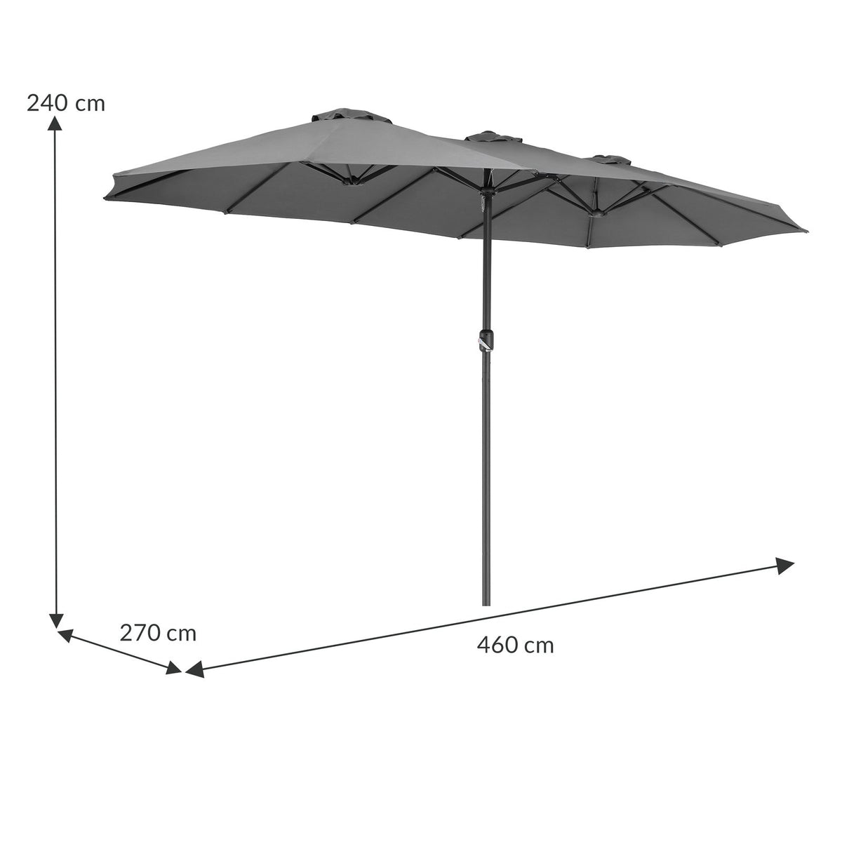 Kingsleeve Dubbele Parasol XXL met Zwengel – 100% polyester - Antraciet - 460x270 cm